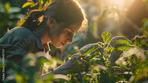 Nurturing Life: A Woman Fertilizes Soil as a Young Sprout Emerges from the Earth in a Moment of Selective Focus photo