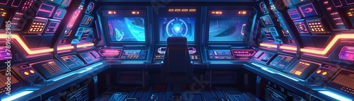 Pixel art spaceship interior, futuristic controls, neon lighting