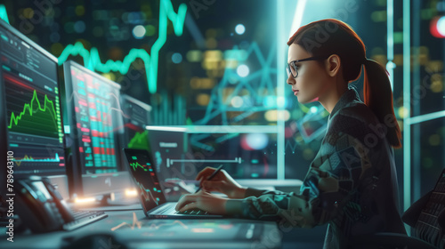 stock trading  woman looking at stock market charts and finance forms on computers  Wall Art Design for Home Decor  4K Wallpaper and Background for Mobile Cell Phone  Smartphone  Cellphone