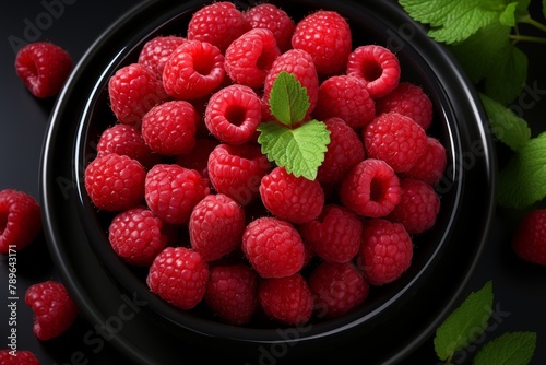 Fresh sweet raspberries in large cup on table - perfect fruit for sale  top view image