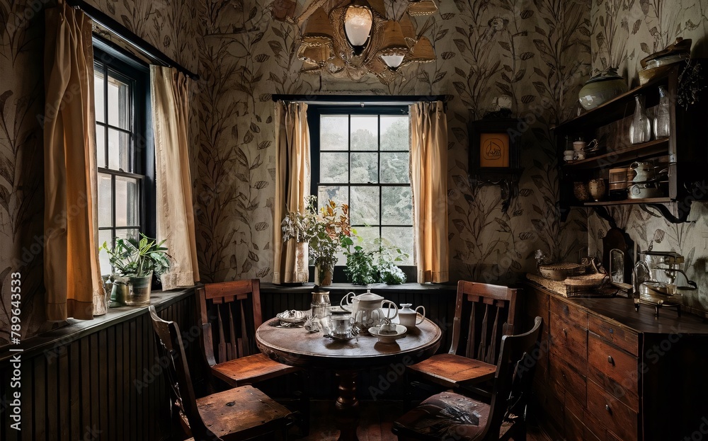 A dining room with a table and chairs and a window with a view