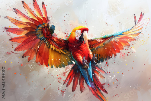  A colorful parrot with spread wings, flying in the air, painted in the style of Alvaro Castagnet. Created with AI photo