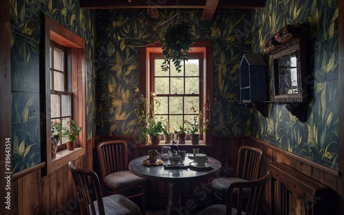 A dining room with a table and chairs and a window with a plant on the top photo