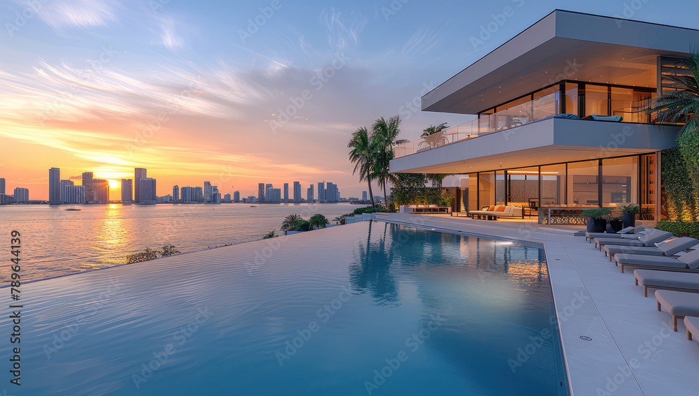 A stunning modern mansion with infinity pool and palm trees overlooking Miami Beach, sunset view. Created with Ai