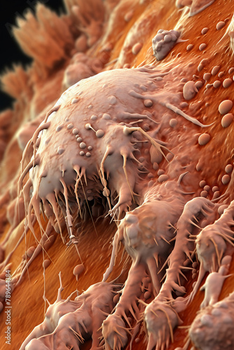 Highresolution microscopic view of both Demodex folliculorum and Demodex brevis on a skin pore, the image capturing the detailed structure of these tiny mites