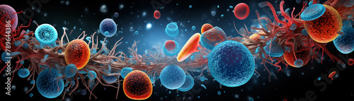 High magnification image showing a battle between immune cells and pathogens inside the human body, cellular details emphasized photo