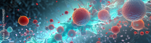 High magnification image showing a battle between immune cells and pathogens inside the human body, cellular details emphasized photo