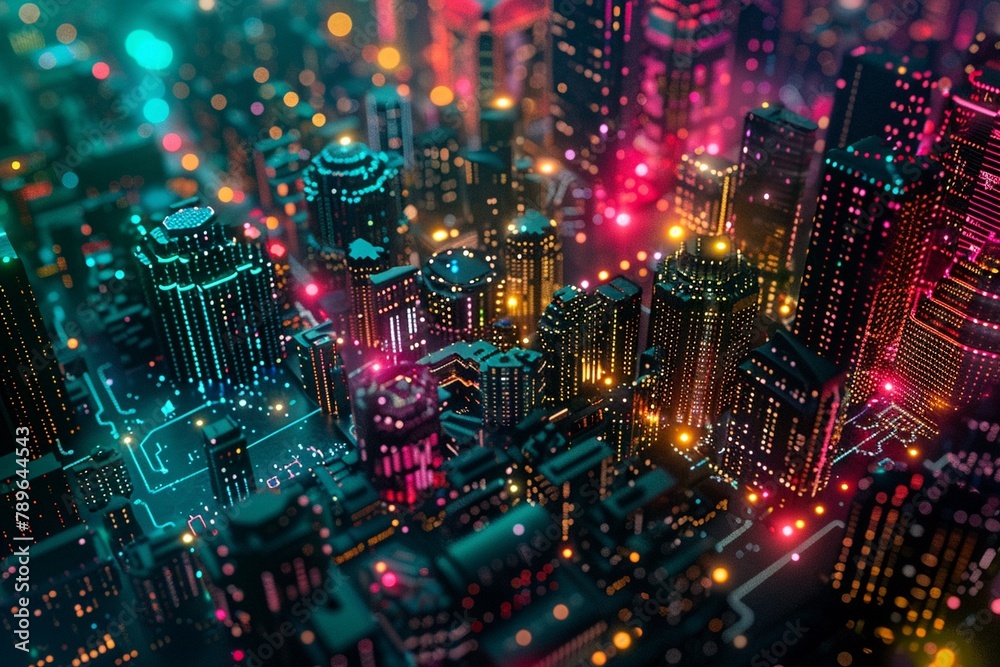 Layers of digital networks intertwined, showing colorful data paths in pink, blue, and green against a dark futuristic cityscape