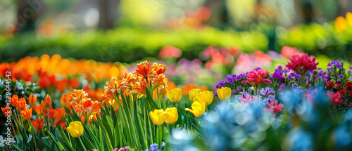 Vibrant flowers in a botanical garden with blooms from around the world. Rich colors, lush greenery.