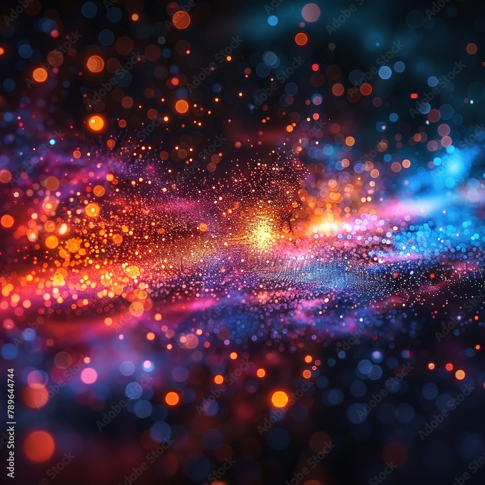 Visual simulation of a particle collision, digital code binary, vibrant colors exploding against a backdrop of dark space in a physics experiment
