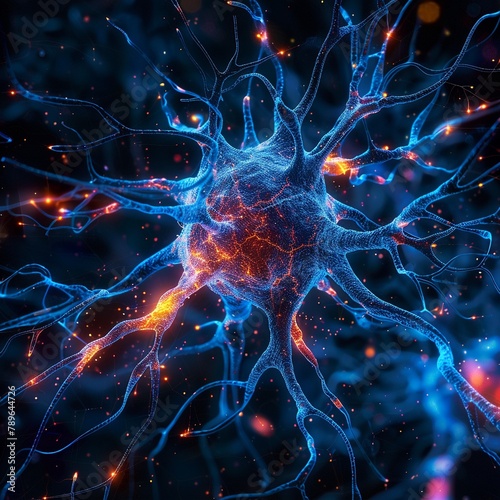 Visual metaphor of a digital brain, neurons and synapses lighting up in electric blue and yellow on a dark base
