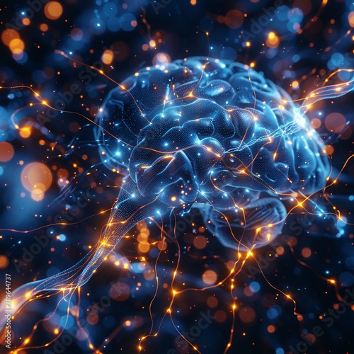 Visual metaphor of a digital brain, neurons and synapses lighting up in electric blue and yellow on a dark base