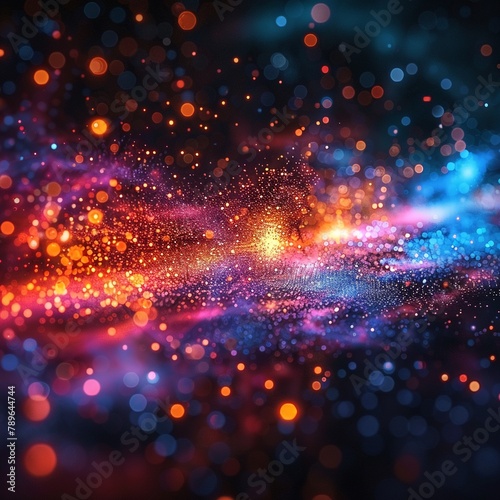 Visual simulation of a particle collision, digital code binary, vibrant colors exploding against a backdrop of dark space in a physics experiment © NatthyDesign