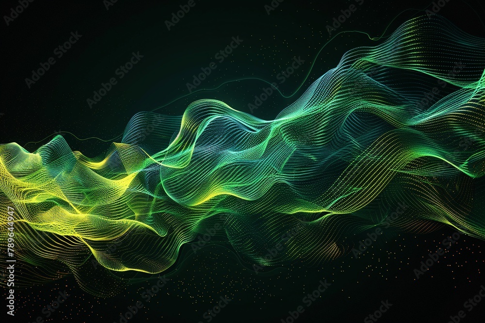Fototapeta premium Abstract visualization of sound waves in fluorescent green and yellow against a pitchblack background, simulating dynamic movement