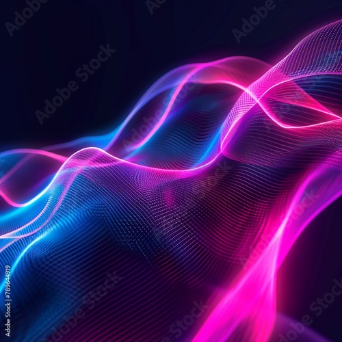 Abstract neon waves, flowing lines in neon pink and electric blue on a dark background, perfect for futuristic themes