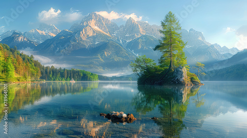 Beautiful mountain lake with clear water  surrounded in the style of green trees and grass on the shore  blue sky  white clouds. Created with Ai