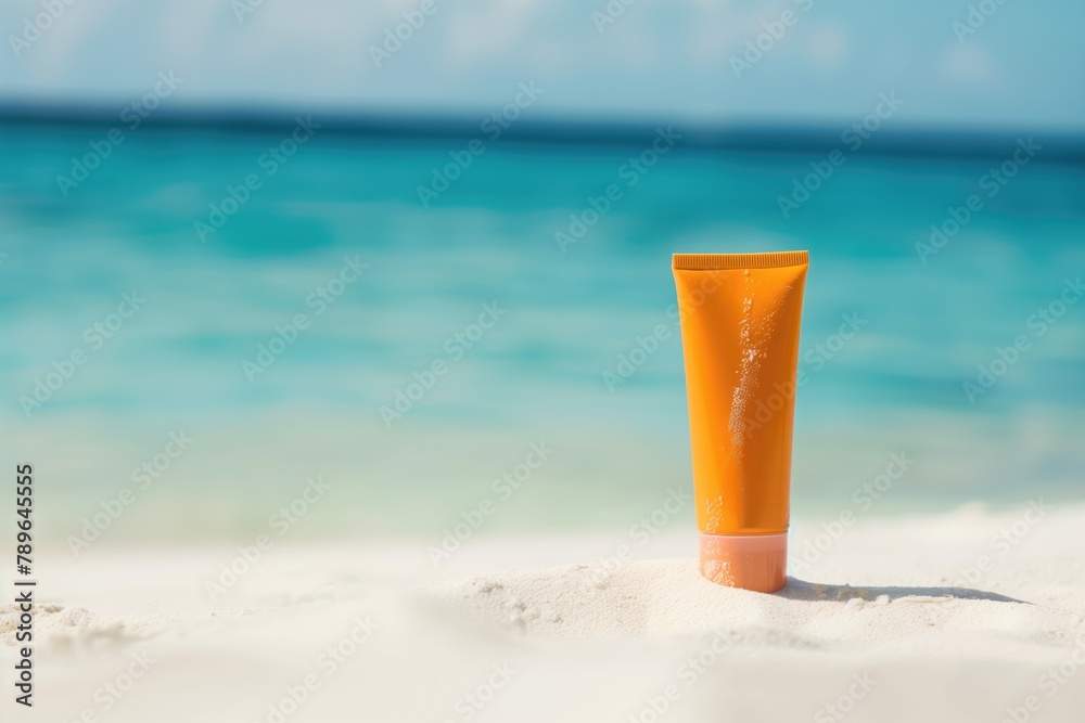 blank sunscreen orange tube on clear white sand; blue ocean on blurred background, copy space blank sunscreen orange tube on clear white sand; blue ocean on blurred background, copy space