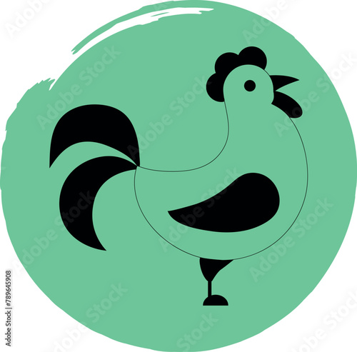 Rooster icon in line art style on green background. Vector. Isolated on white
