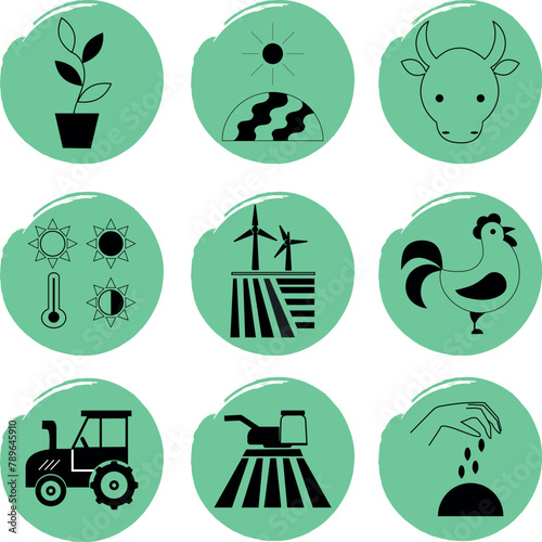 Set of agricultural icons in line art style on a green background. Vector. Isolated on white