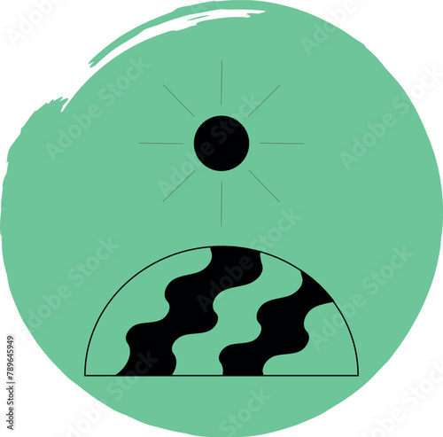 Sun and pasture icon in line art style on green background. Vector. Isolated on white