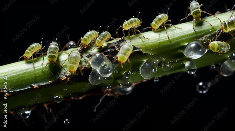 Macro shot of aphids densely covering a stem, sucking sap and causing significant damage to horticultural crops
