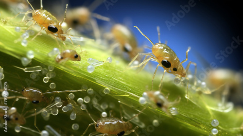 Macro shot of aphids densely covering a stem, sucking sap and causing significant damage to horticultural crops © PARALOGIA