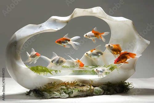 Gilded Sanctuary: Where Goldfish Glide Through Marble Dreamscape. The image depicts a captivating scene: a group of goldfish swimming gracefully within a cur