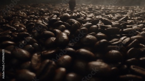 Close up of fresh brown coffee bean with roasted smoke from pile of coffee beans. Macrography of hot coffee seed with fragrant and scented hot smoke come from pile of bean. Top down view. Comestible. photo