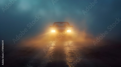 Misty Road Serenade: A Vehicle's Luminous Journey. Concept Adventure, Travel, Exploration, Nature, Photography