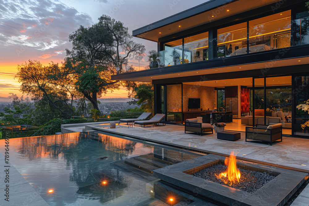 A stunning modern mansion with an infinity pool, outdoor fireplace and panoramic city views at sunset. Created with Ai