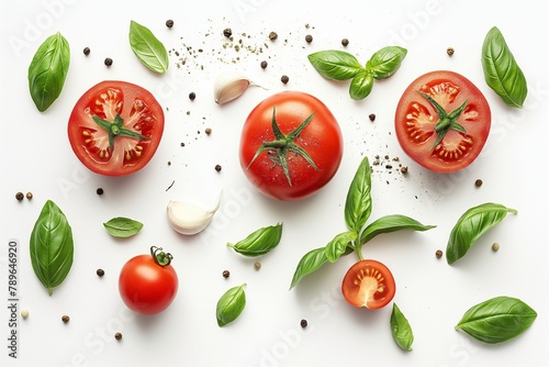 tomato garlic and basil isolated on a white background, tomato, garlic and basil as a background, restaurant food background, restaurant background, tomato background, food background 