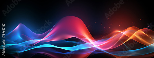 Digital abstract background with curved neon lines with rainbow colors glowing in the dark