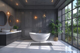 3D rendering of a beautiful bathroom with gray walls, a white bathtub, and marble flooring. The window on the right side has large glass panels that provide natural light into the room.Created with Ai
