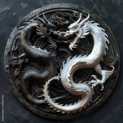 chinese white and black dragon on the wall sclupture photo