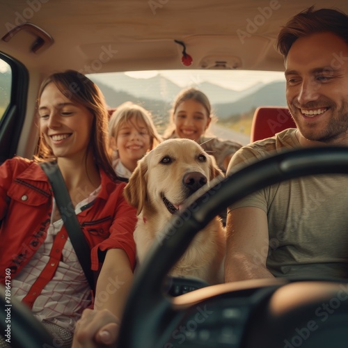 A family and pet dog in car for vacation