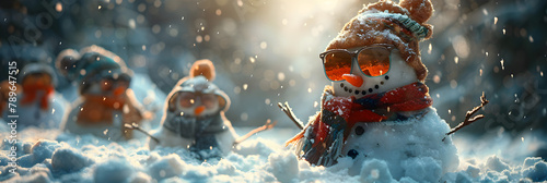 Life Snowman Carrot Nose and Sunglasses Characte, Snowmen in a snowy scene with snow on the ground 