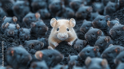A rodent with whiskers stands amid a group of mice on soil