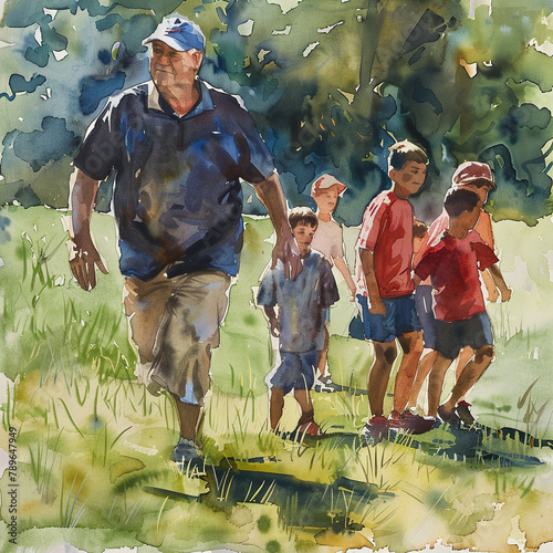 Gentle watercolor portrait of a sports coach with students on a field, dynamic and action-filled, soft grassy background, photo