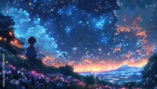 Purple flower field, small house in the middle of it, night sky with stars and clouds. Created with Ai