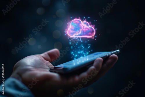 A hand holding a Phone with glowing cloud icon floating above it, symbolizing the user's connection to digital data and AI technology on black background Generative AI