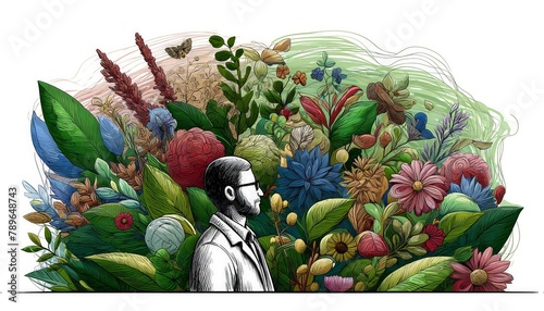 A botanist immersed in a vibrant and artistically blended environment of diverse flora from around the world, emphasizing the beauty and diversity of plant species. photo