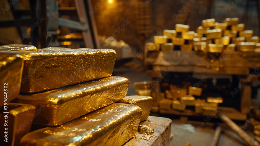 Stacks of various gold bars, in the background tools of a gold mine, Gold as investment theme Stacks of various gold bars, in the background tools of a gold mine, Gold as investment theme