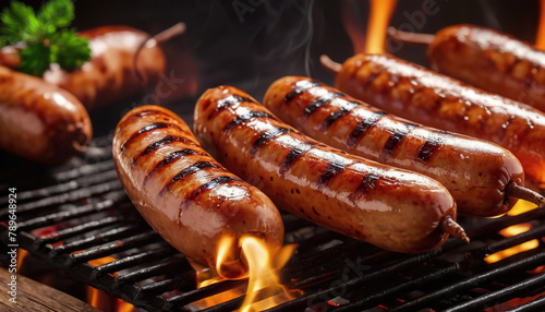 Photo of hot dogs grilling on a summer day. Industrial smoking of sausages and meat products in a factory. sausage in the smokehouse. flavorful sausages