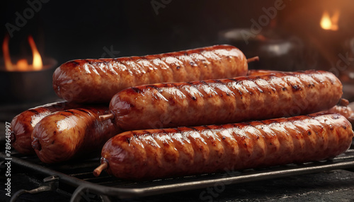 Photo of hot dogs grilling on a summer day. Industrial smoking of sausages and meat products in a factory. sausage in the smokehouse. flavorful sausages