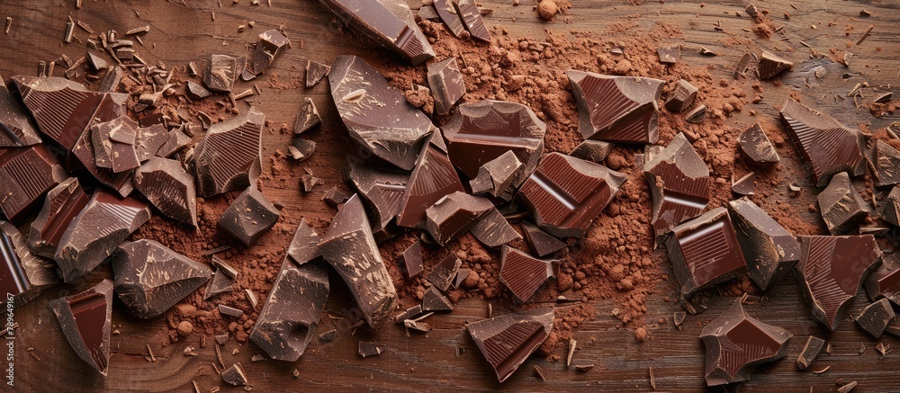 Wooden background with shattered chocolate pieces and cocoa powder Wooden background with shattered chocolate pieces and cocoa powder
