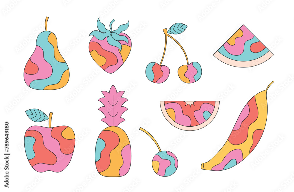 Obraz premium Groovy bright cartoon hippie patterned fruits.