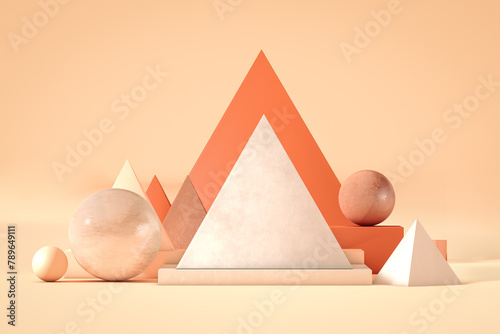 White and Orange 3D Sculpture With Pyramid in Background photo