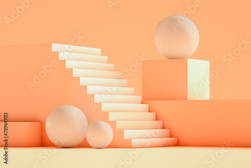 Peach-colored 3D Stair With spheres around photo