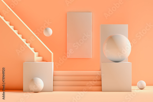 Peach-colored 3D Stairs With Balls and frame photo