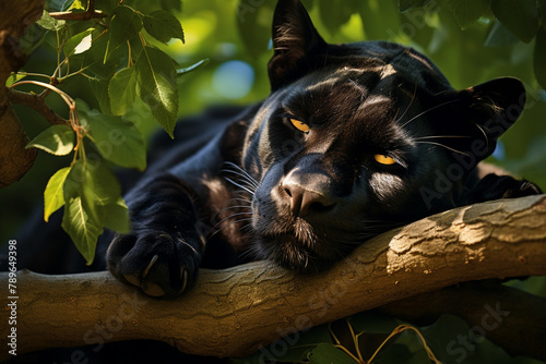 The powerful form of a sleeping black panther on a sturdy tree limb, surrounded by vibrant green leaves that contrast its dark coat